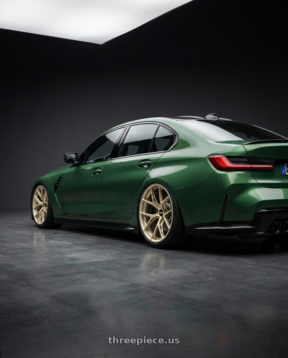 2024 bmw g82cs with BBS FI-R Evo 5x112 19x9.5+15 White Gold wheels rear three quarter view extreme stretch tires