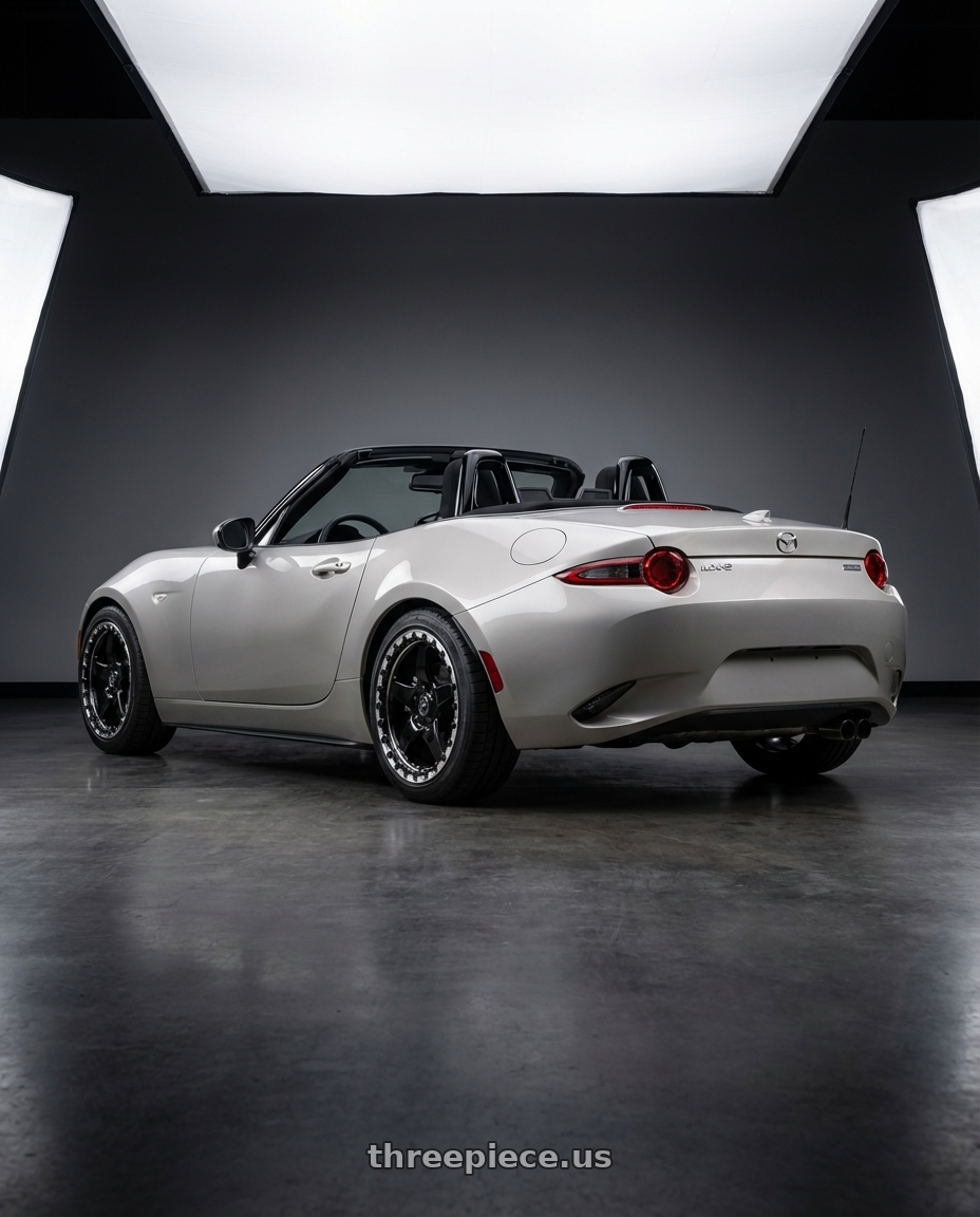 2021 Mazda MX-5 Miata ND with Forgestar D5 Beadlock 5x114.3 17x10 0 Gloss Black Machined wheels rear three quarter view square tires