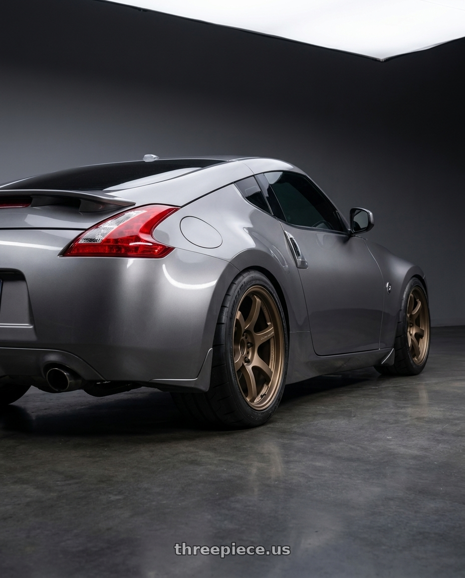 2009 Nissan 370z with Gram Lights 57DR 5x114.3 18x10.5+12 Bronze 2 wheels rear three quarter view meaty tires