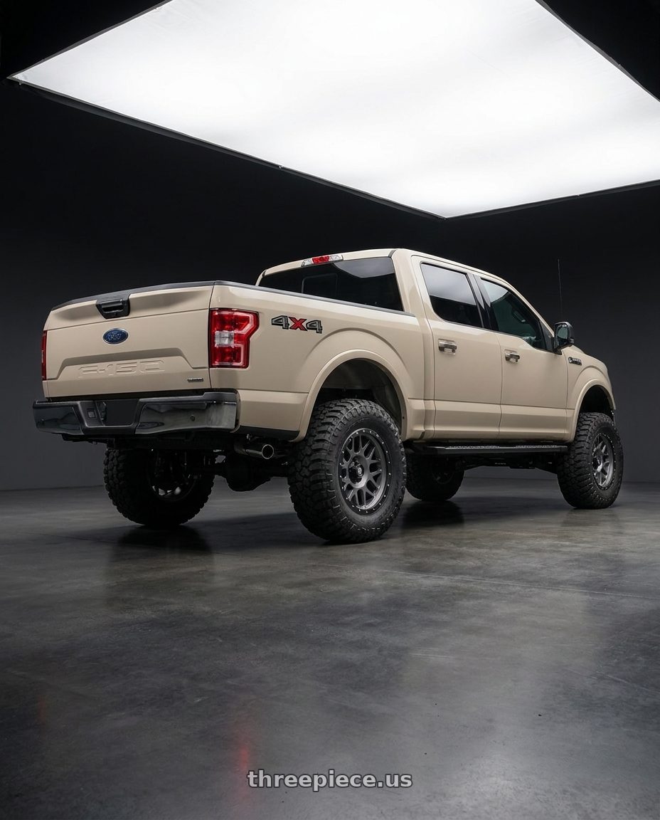 2019 Ford F-150 with XD XD127 BULLY 6X135 20X9 +0 MATTE GRAY BLACK RING wheels rear three quarter view meaty tires