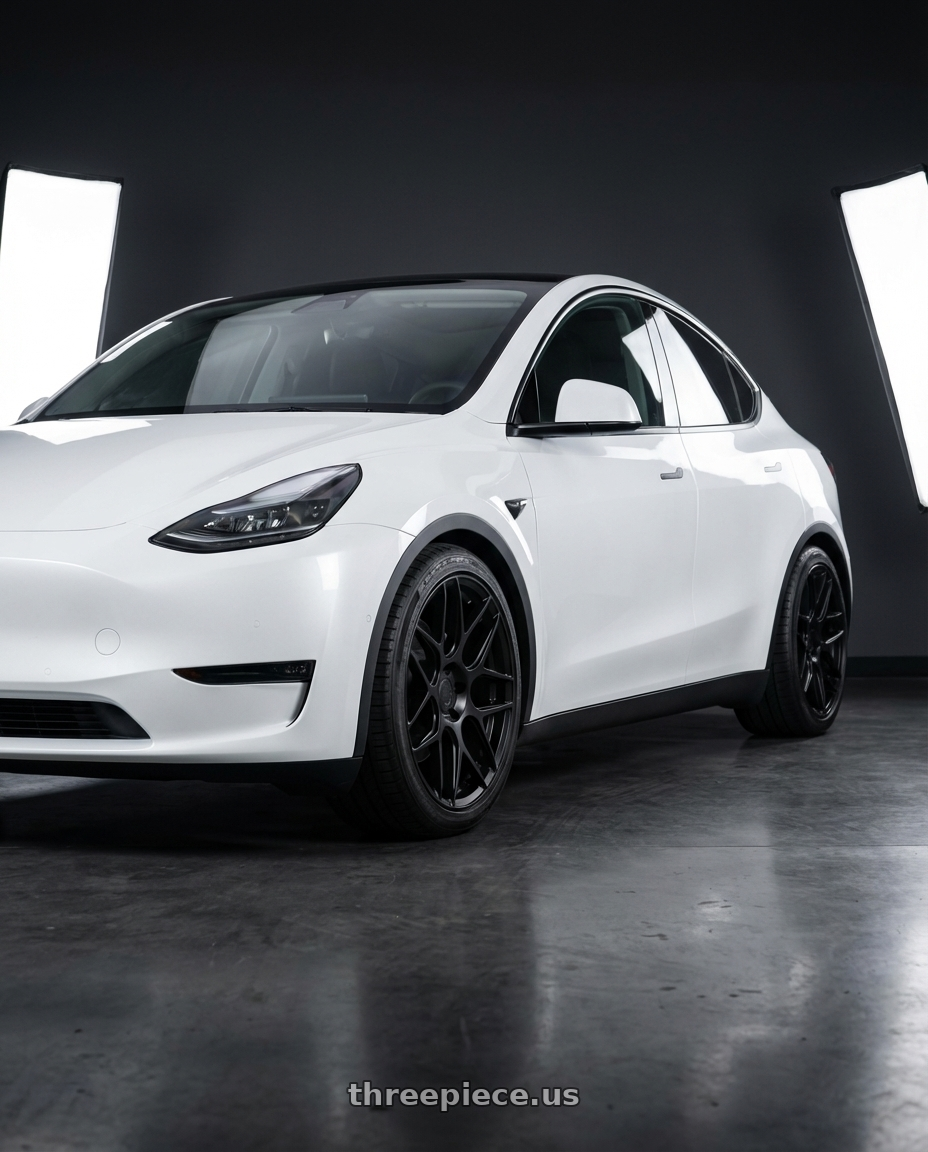 2024 Tesla Model Y with Aodhan AFF2 5x114.3 20x10.5+45 Matte Black wheels front three quarter view lowered stance