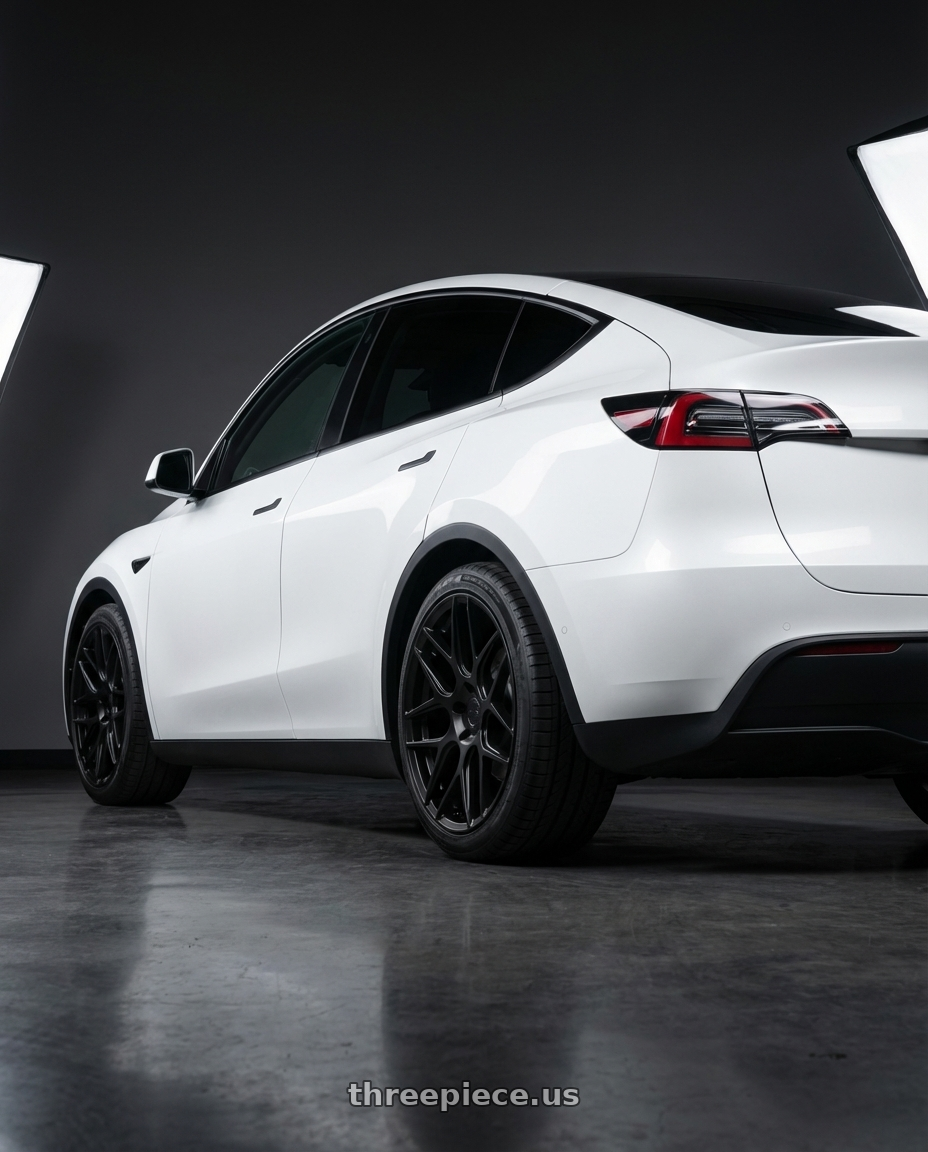 2024 Tesla Model Y with Aodhan AFF2 5x114.3 20x10.5+45 Matte Black wheels rear three quarter view square tires