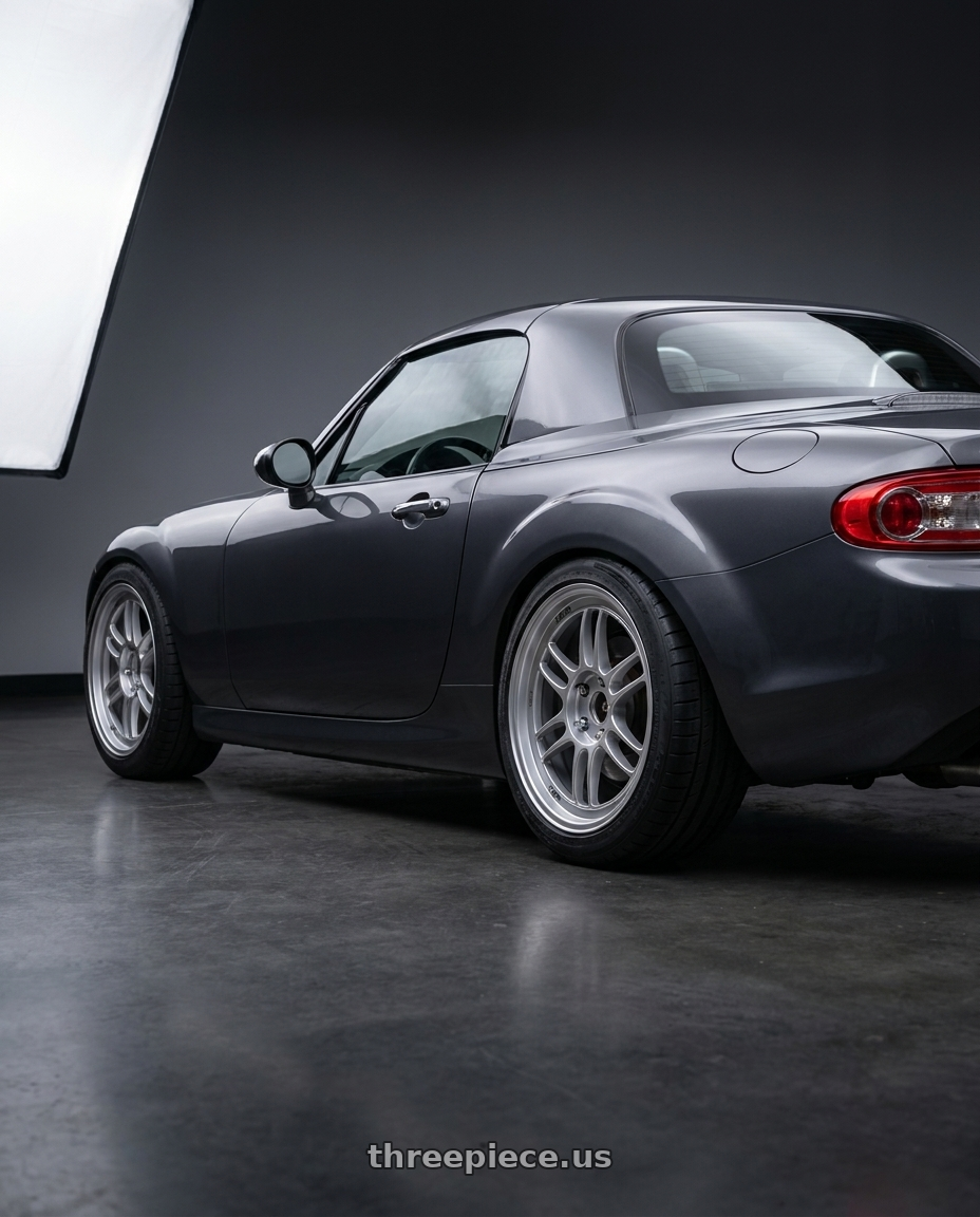 2014 Mazda Miata with Enkei RPF1 5x114.3 17x8+45 Silver wheels rear three quarter view square tires