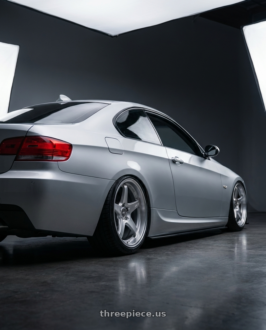 2012 BMW 3 Series E92 with ESR Wheels APEX SERIES AP5 5x120 18x9.5 +35 Hyper Silver wheels rear three quarter view slight stretch tires