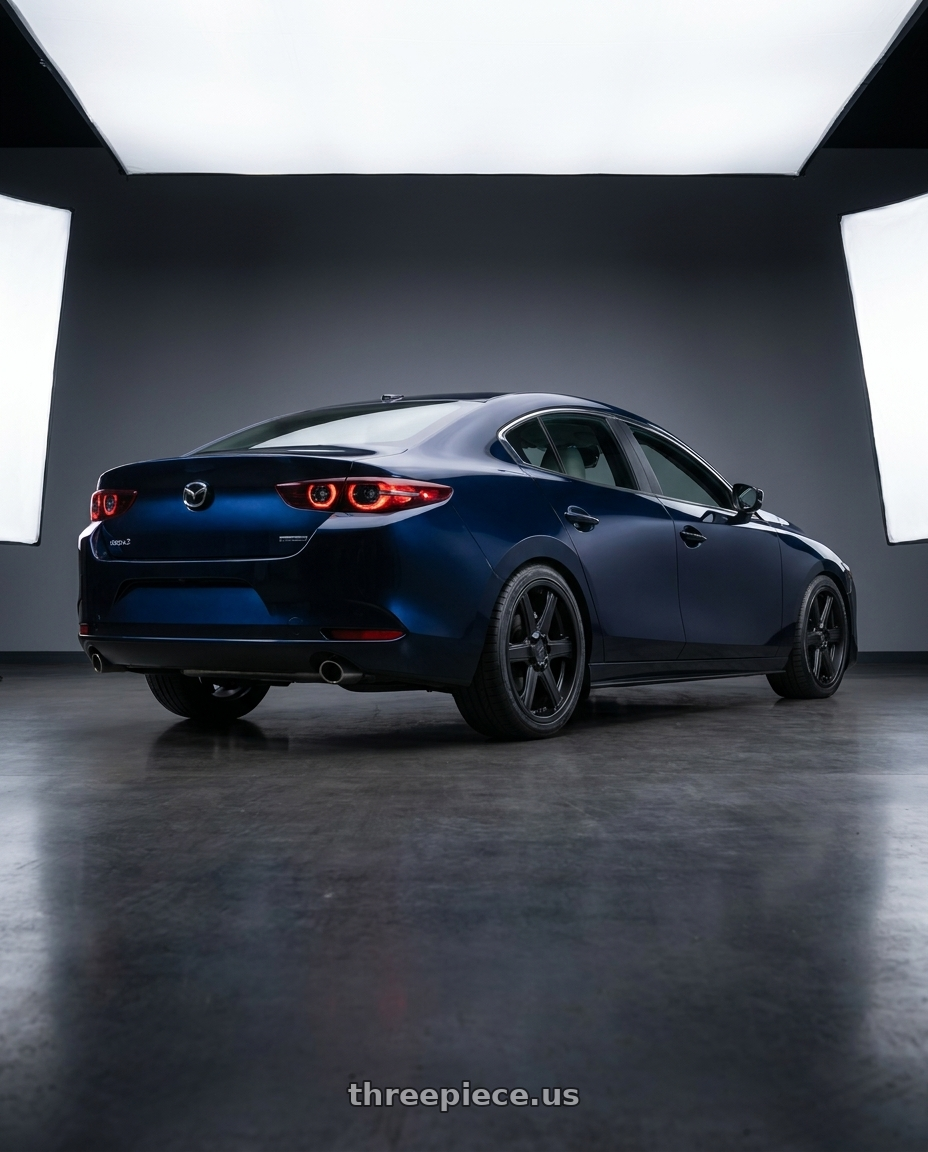 2022 Mazda Mazda3 P with Enkei BHAWK 6x135 18x8.5+30 Black wheels rear three quarter view square tires