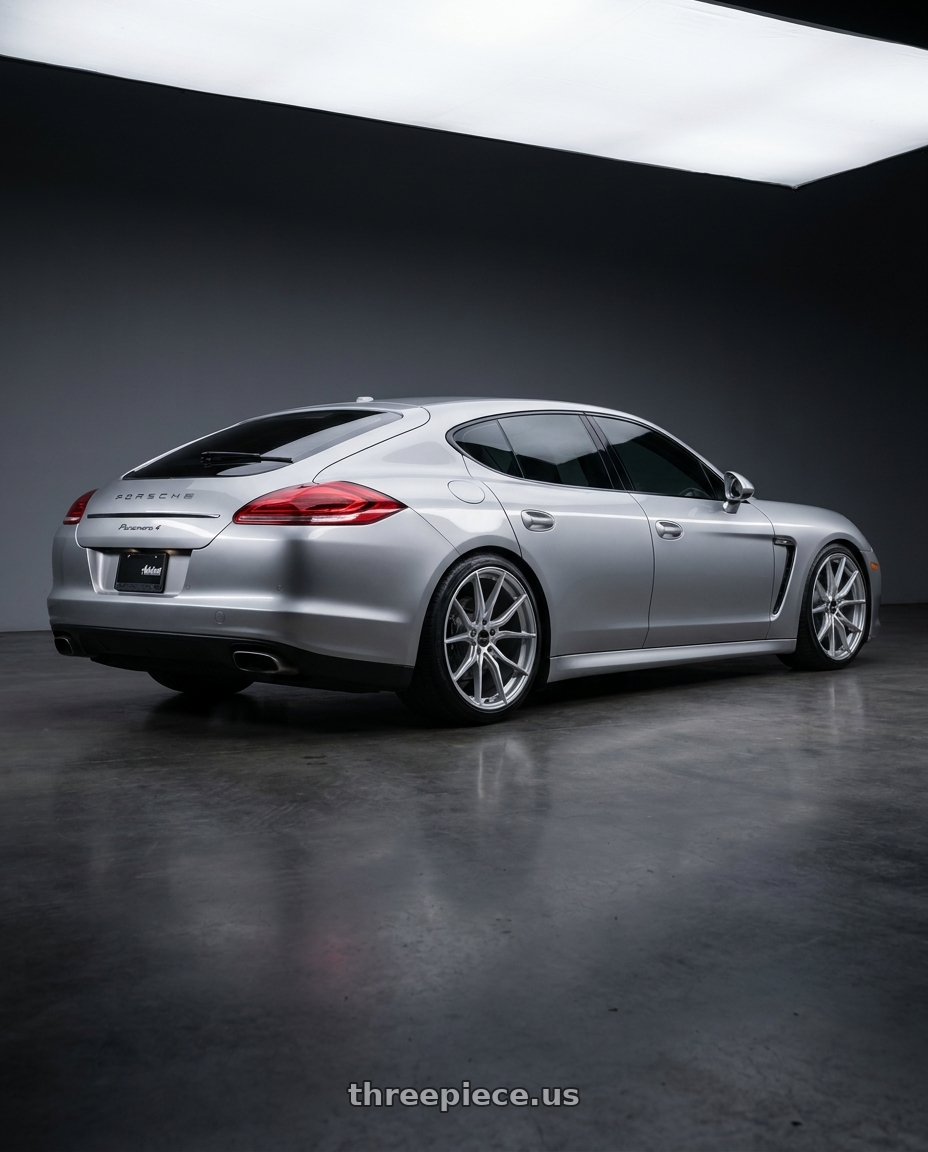 2014 porsche panamera 4 with Advanti Racing 80S Hybris 5x114.3 20x8.5 +40 Silver with Machined Face wheels rear three quarter view slight stretch tires