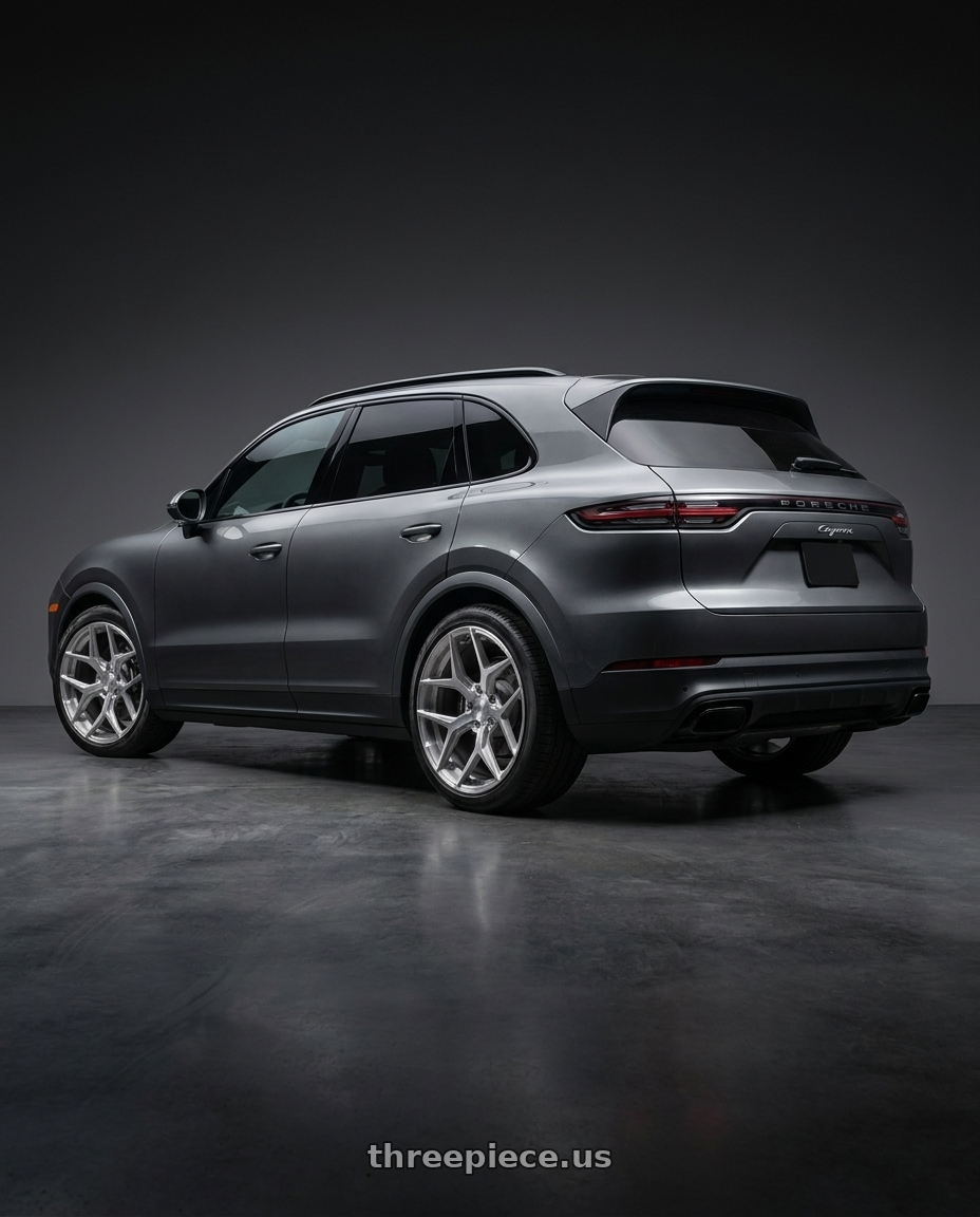 2019 Porsche cayenne with 4PLAY 4P06 5x127/5x139.7 22x10-18 Brushed wheels rear three quarter view square tires