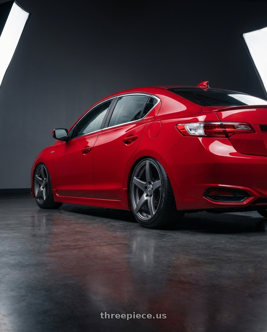 2012 Acura ILX with Forgestar CF5 5x114.3 18x10 +42 Gloss Anthracite wheels rear three quarter view slight stretch tires