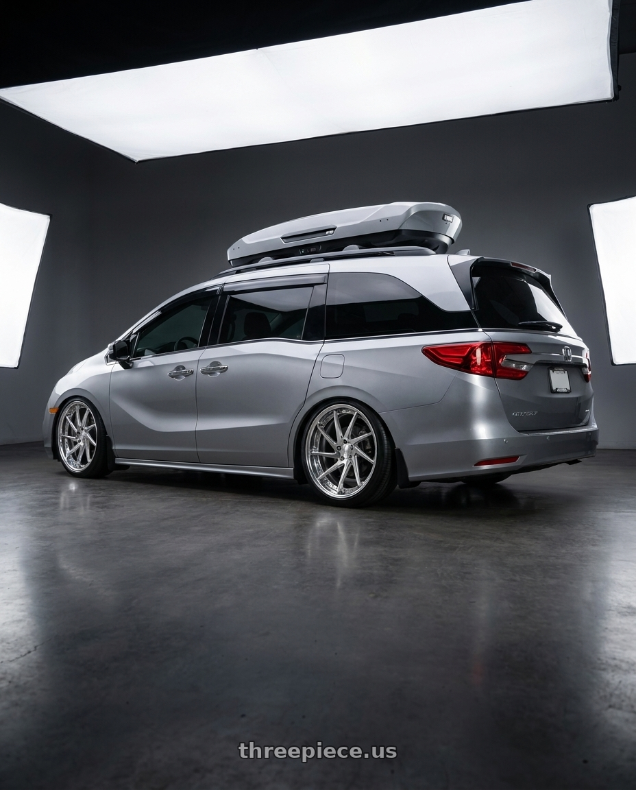 2024 Honda Odyssey with Work Gnosis Cvs 5x120 20x8.5+45 O Disk Buff Finish wheels rear three quarter view slight stretch tires