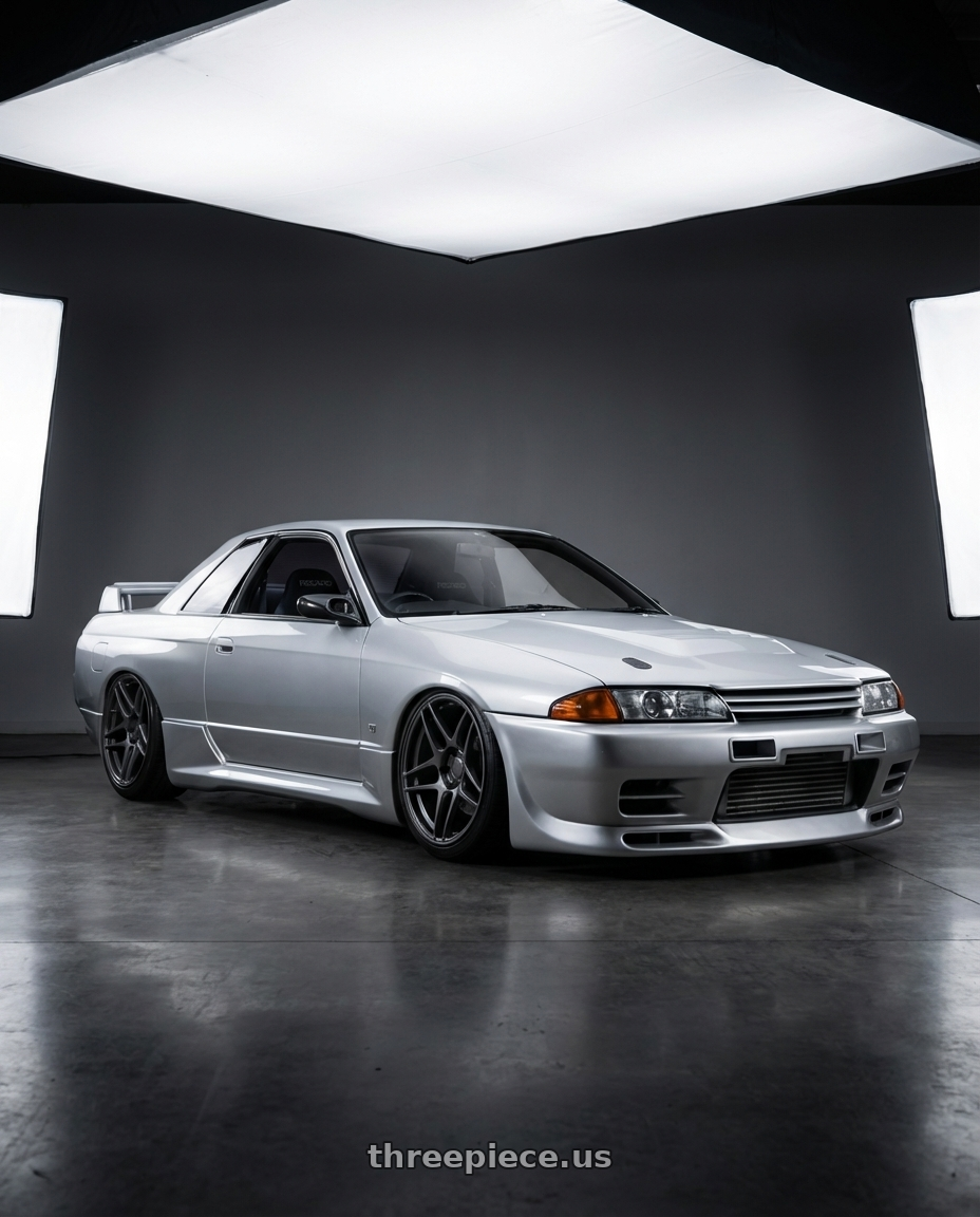 1993 Nissan Skyline with Kansei K13G Corsa 5x114.3 18x10.5 12 Gunmetal wheels front three quarter view slammed stance