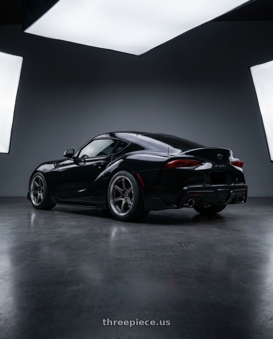 2024 toyota Supra with Work Emotion T7R 2P wheels rear three quarter view meaty tires