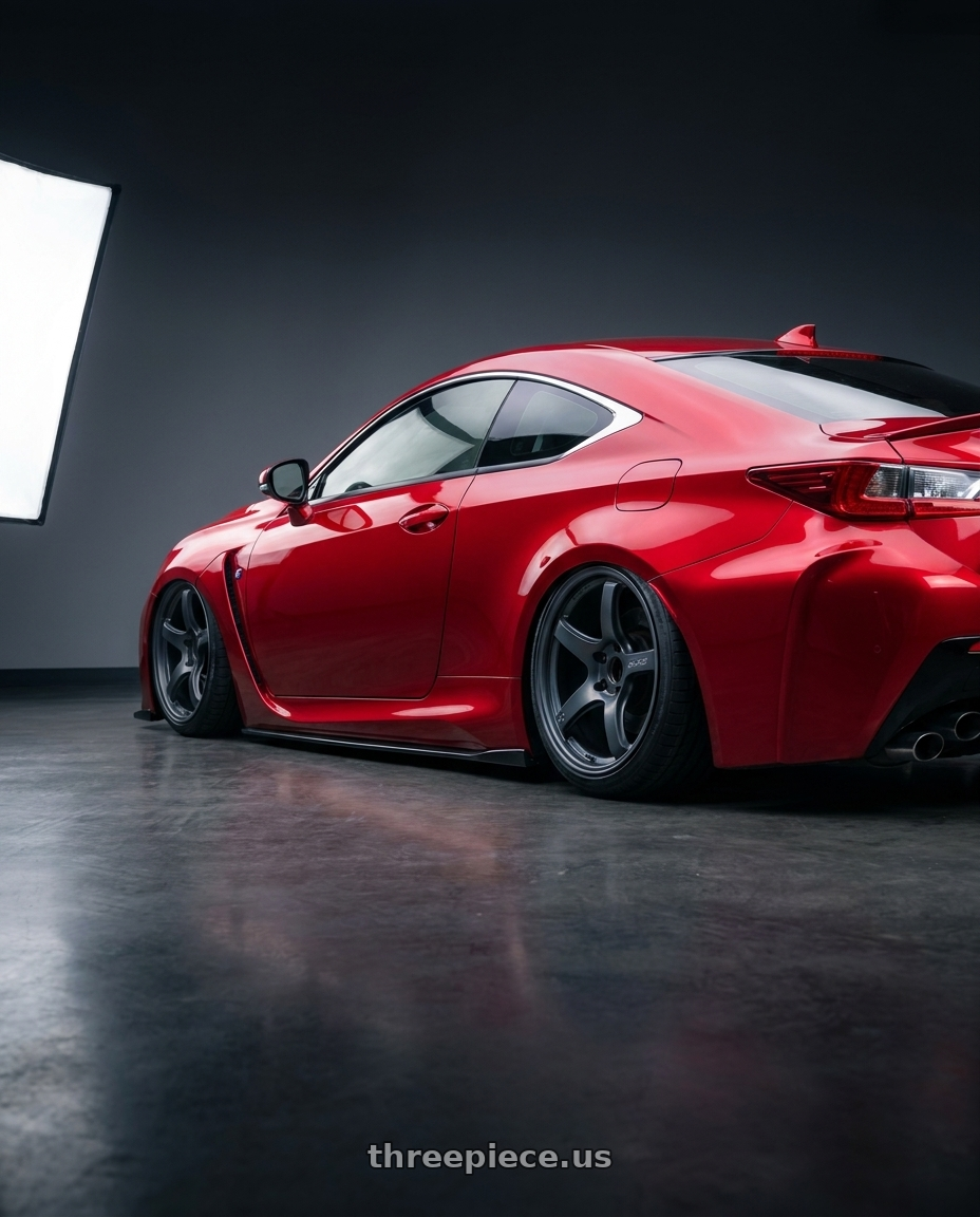 2018 Lexus RC F with Gram Lights 57CR 5x114.3 19x9.5+35 Gunblue II wheels rear three quarter view slight stretch tires