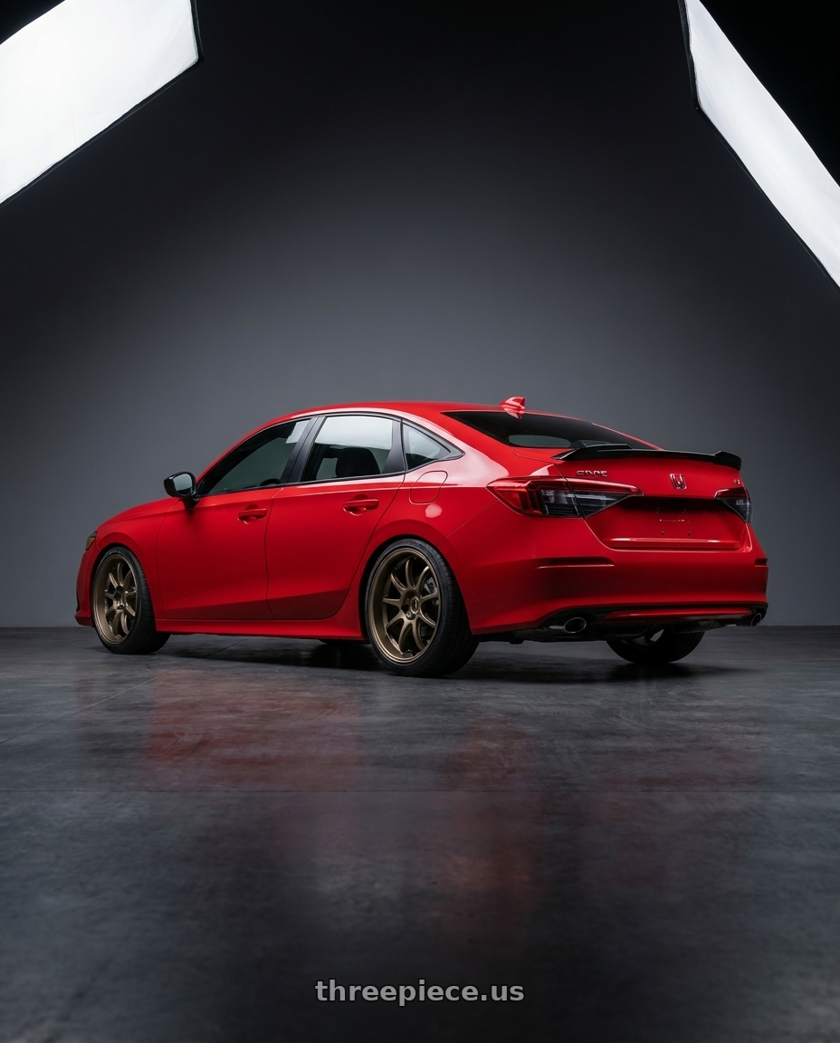 2026 Honda Civic Si with Work Emotion D9r 5x100 18x9.5 +30 Matte Bronze wheels rear three quarter view slight stretch tires
