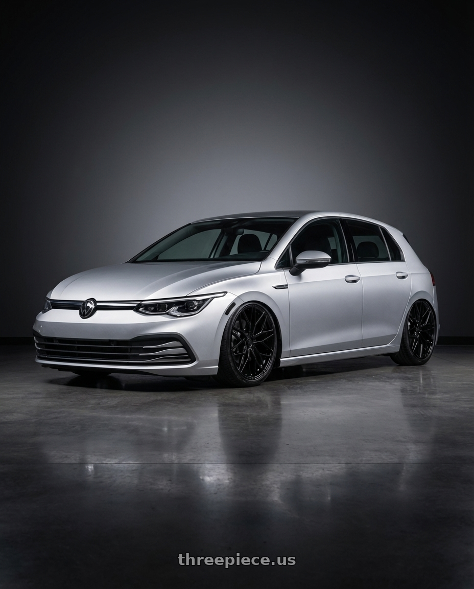 2024 Volkswagen Golf R MK8 with Avant Garde Wheels M520R 5X112 19x8.5 +35 Gloss Black wheels front three quarter view stanced stance