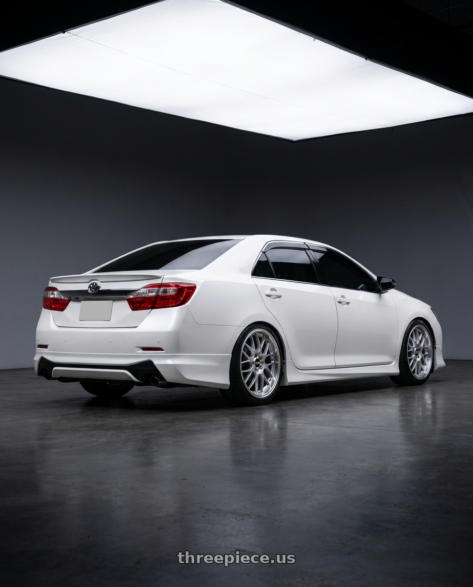 2017 Toyota XV55 White Color ，With Modellista Body Kit  with BBS RS-GT 5x114.3 19x10.0+40 Diamond Silver wheels rear three quarter view slight stretch tires