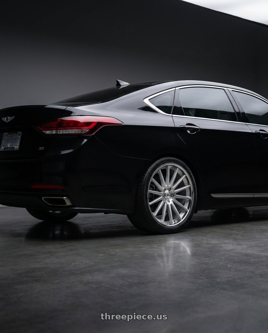 2016 Hyundai Genesis 3 8 with Asanti Black ABL-24 BETA 5X114.3 20X9 +35 BRUSHED SILVER W/ CHROME LIP wheels rear three quarter view square tires
