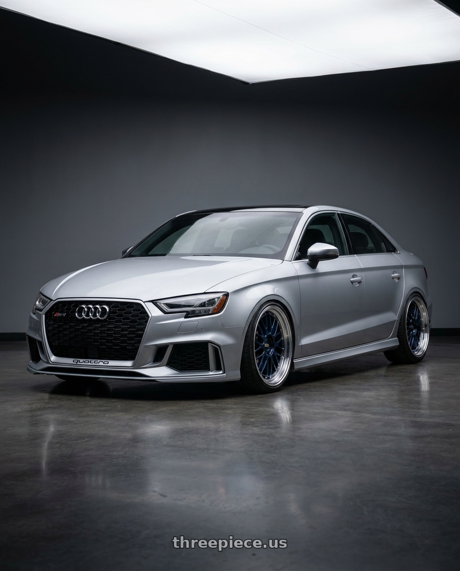 2017 Audi RS3 with BBS LM 5x112 20x10 +22 Navy Blue / Diamond Cut Lip wheels front three quarter view lowered stance
