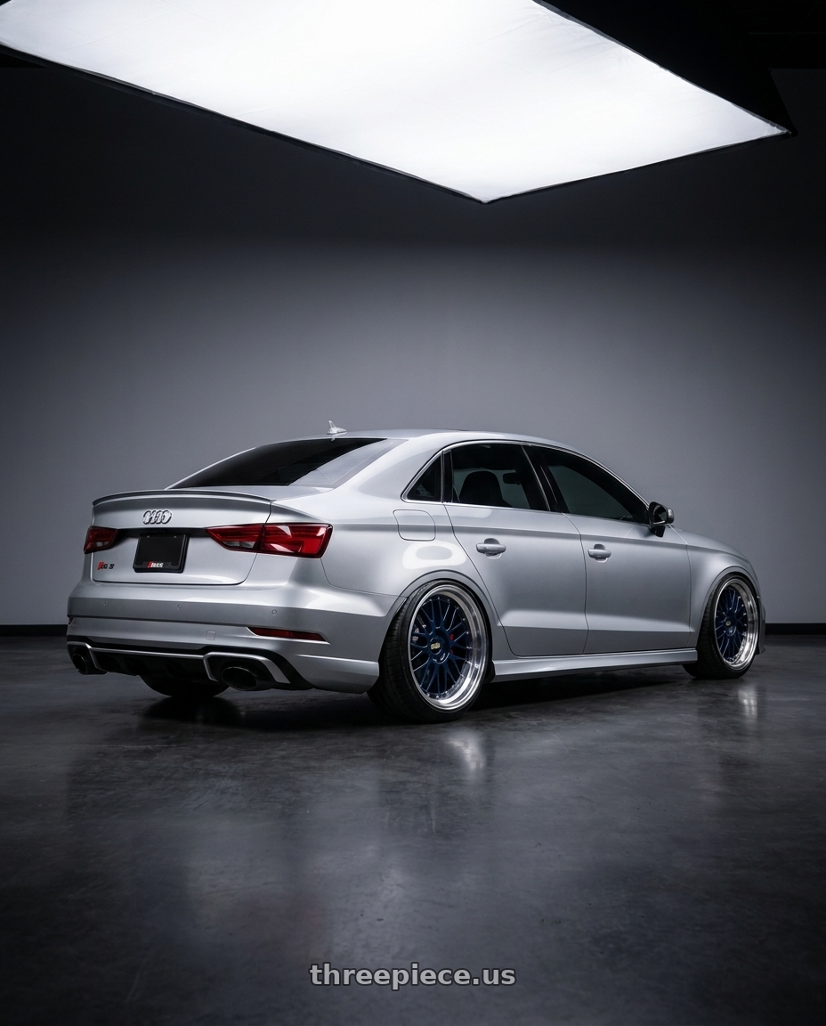 2017 Audi RS3 with BBS LM 5x112 20x10 +22 Navy Blue / Diamond Cut Lip wheels rear three quarter view extreme stretch tires
