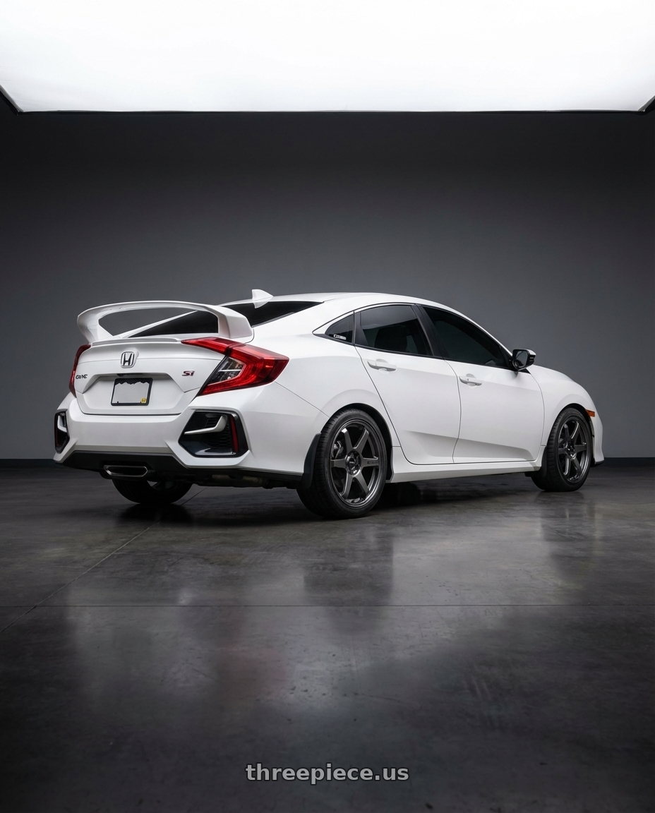 white 2020 Honda civic si sedan with Enkei T6R 5x114.3 18x8+40 Gloss Gunmetal wheels rear three quarter view square tires