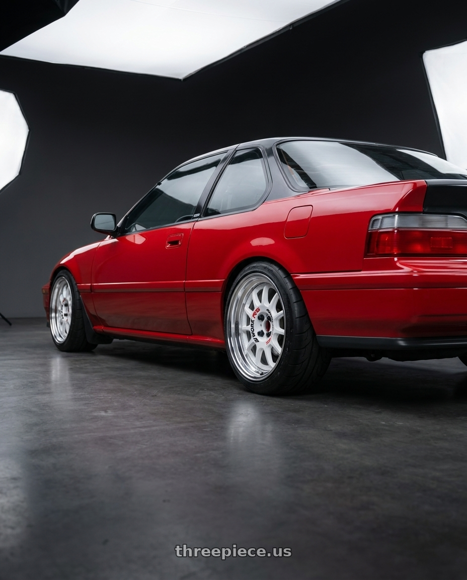1991 Honda prelude with Work Emotion Rs11 2p 4x100 16x7 22 white wheels rear three quarter view meaty tires