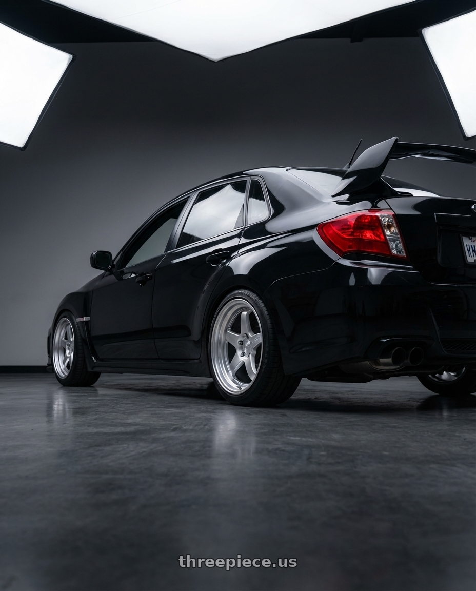 Black 2013 Subaru Impreza wrx Sti with Kansei K15H Astro 5X120 18x9.5 22 Hyper Silver wheels rear three quarter view square tires