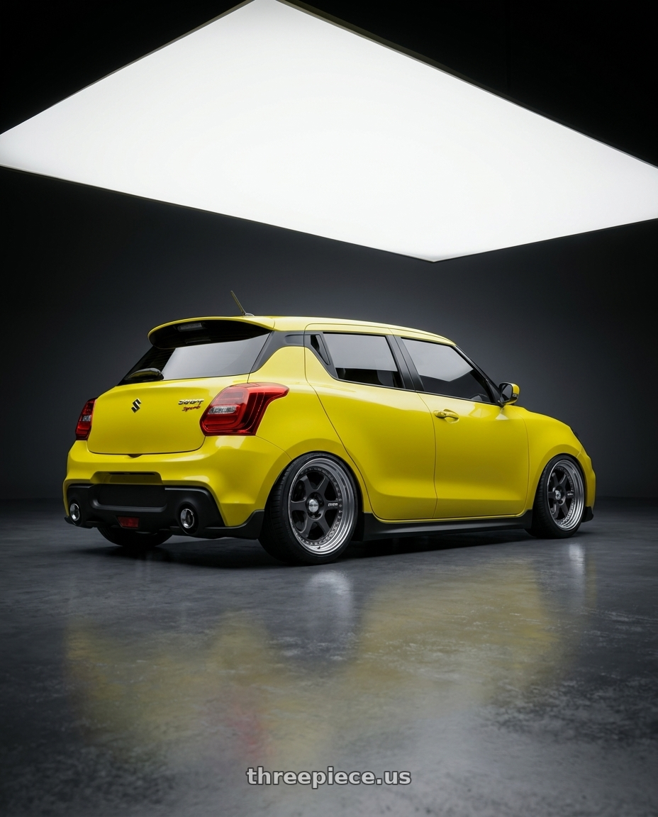 2024 Suzuki Swift Sport with Work Meister L1 3P 5x100 18x7.5+25 A Disk Matte Gunmetal wheels rear three quarter view square tires