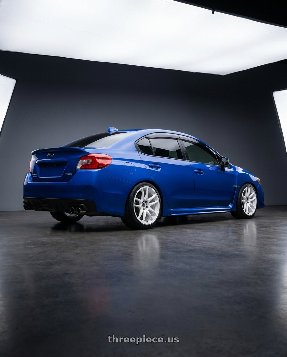 2021 Subaru WRX with Work Emotion Cr Kiwami 5x114.3 18x9.5 +38 White wheels rear three quarter view slight stretch tires