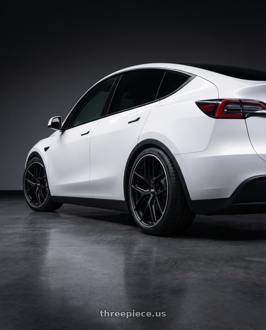 2024 Tesla Model Y with BBS CC-R 5x114.3 20x8.5+40 Satin Black wheels rear three quarter view square tires