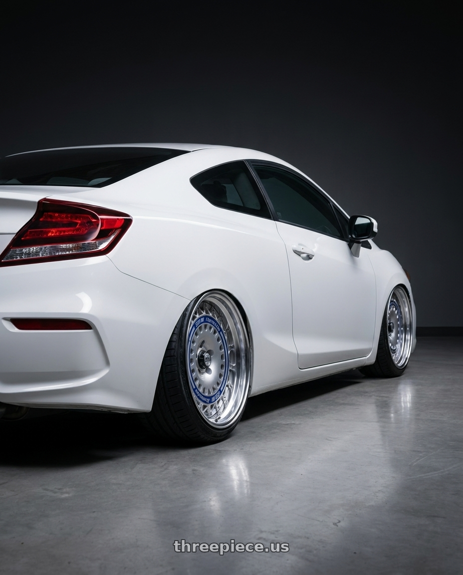 2015 Honda Civic Lx Coupe with FORMULA AERO MESH 5x114.3 18X8+37 NR Disk Titan Silver wheels rear three quarter view slight stretch tires