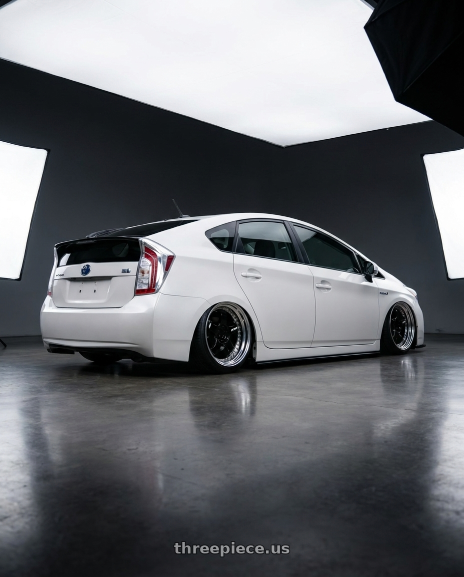 2010 Toyota Prius with Work Meister S1 3P 5x100 18x10.5+12 R Disk Black wheels rear three quarter view slight stretch tires
