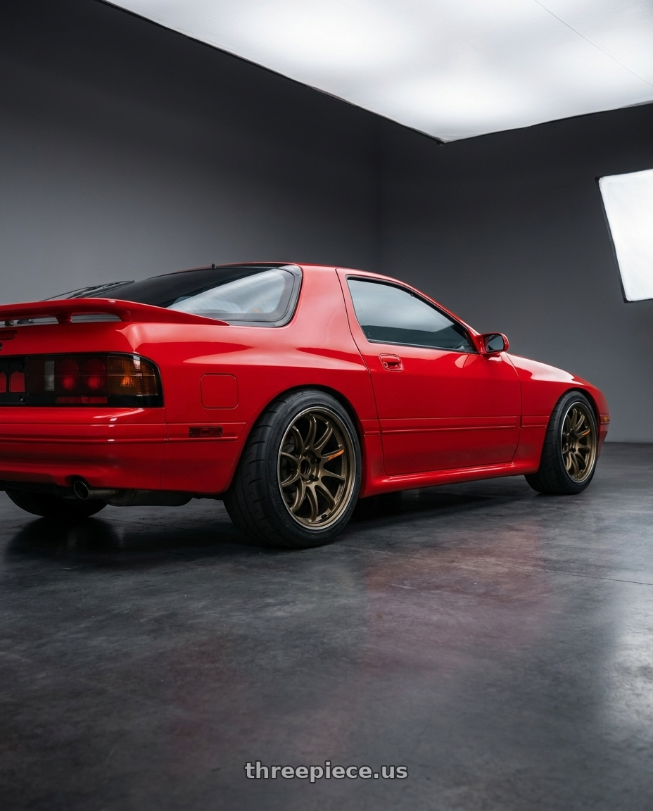 1990 Mazda Rx7 Turbo 2 with Work Emotion Zr10 5x114.3 17x7 +38 Titanium Diamond Lip Cut wheels rear three quarter view meaty tires