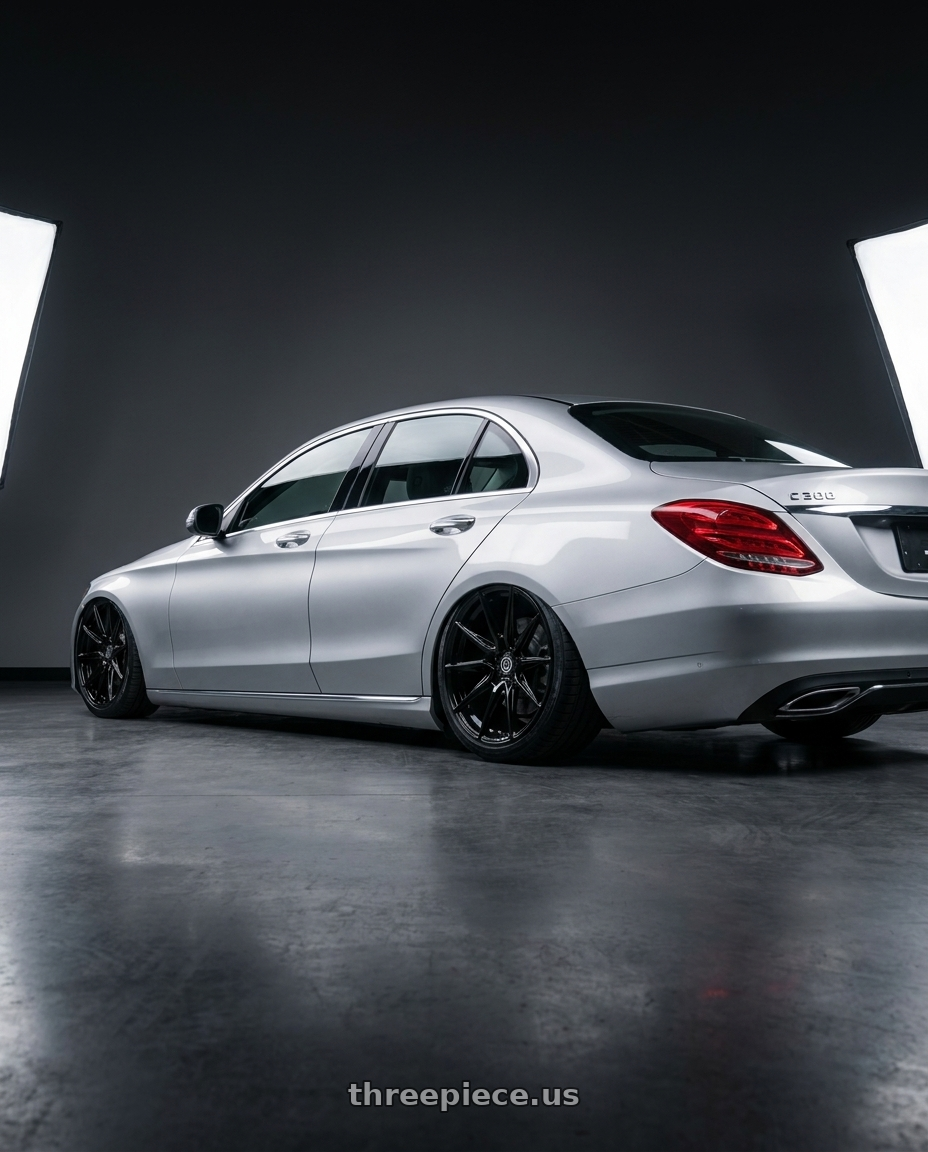 2017 Benz c300 with Brada Wheels CX2 5x112 19x10 +30 Gloss Black wheels rear three quarter view slight stretch tires