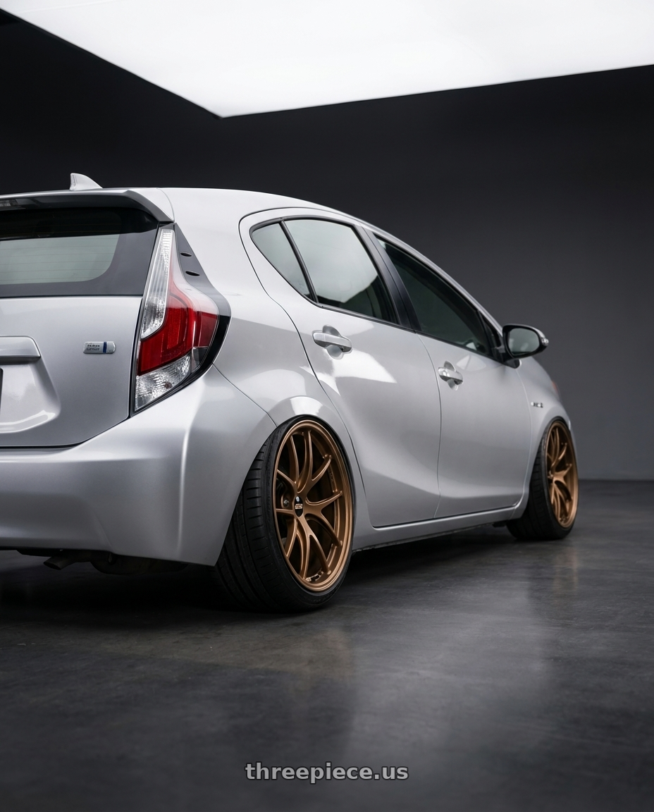 2016 toyota aqua,silver  with BBS RI-A 5x120 18x9.5+40 Matte Bronze wheels rear three quarter view extreme stretch tires