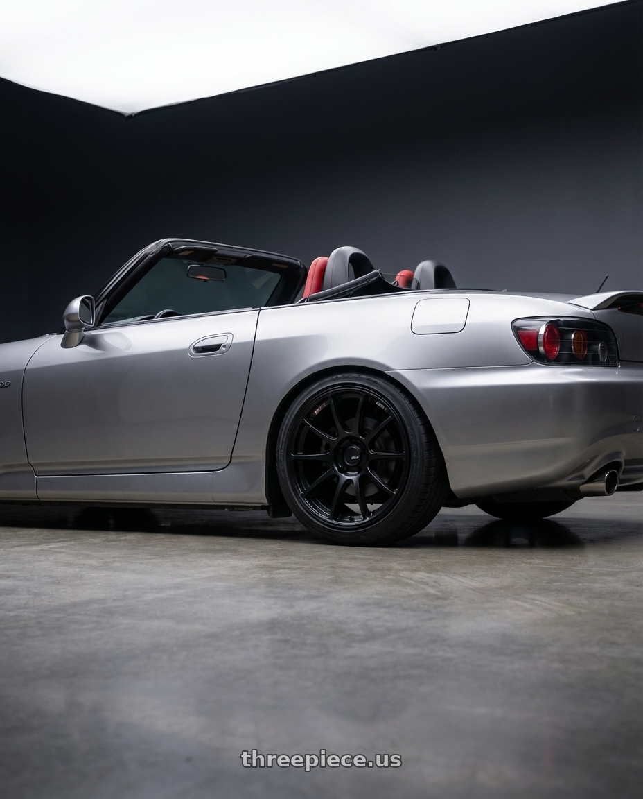 2009 Honda S2000 with Ssr Gtv02 5x114.3 17x8+45  FLAT BLACK wheels rear three quarter view square tires
