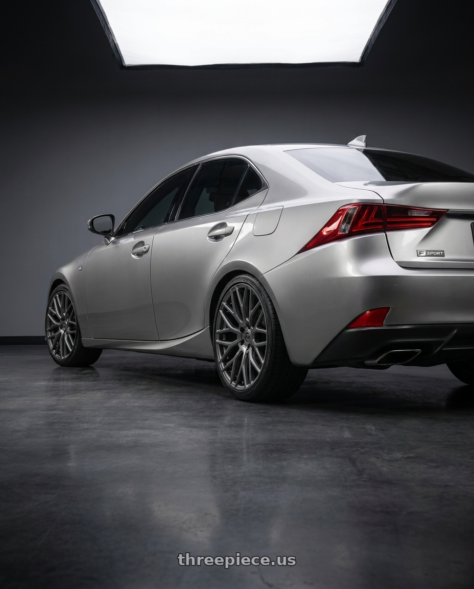 2016 Lexus IS200t with TOUREN TR76 3276 5x114.3 18x8 +35 GLOSS GRAPHITE wheels rear three quarter view square tires