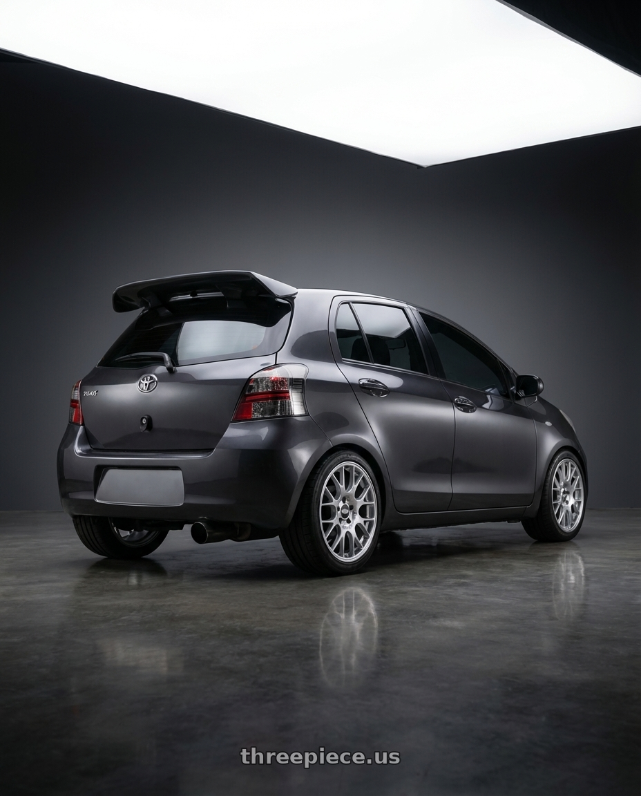 2007 toyota yaris with BBS CH-R 5x112 18x8.5 +38 Brilliant Silver Polished Rim Protector wheels rear three quarter view square tires