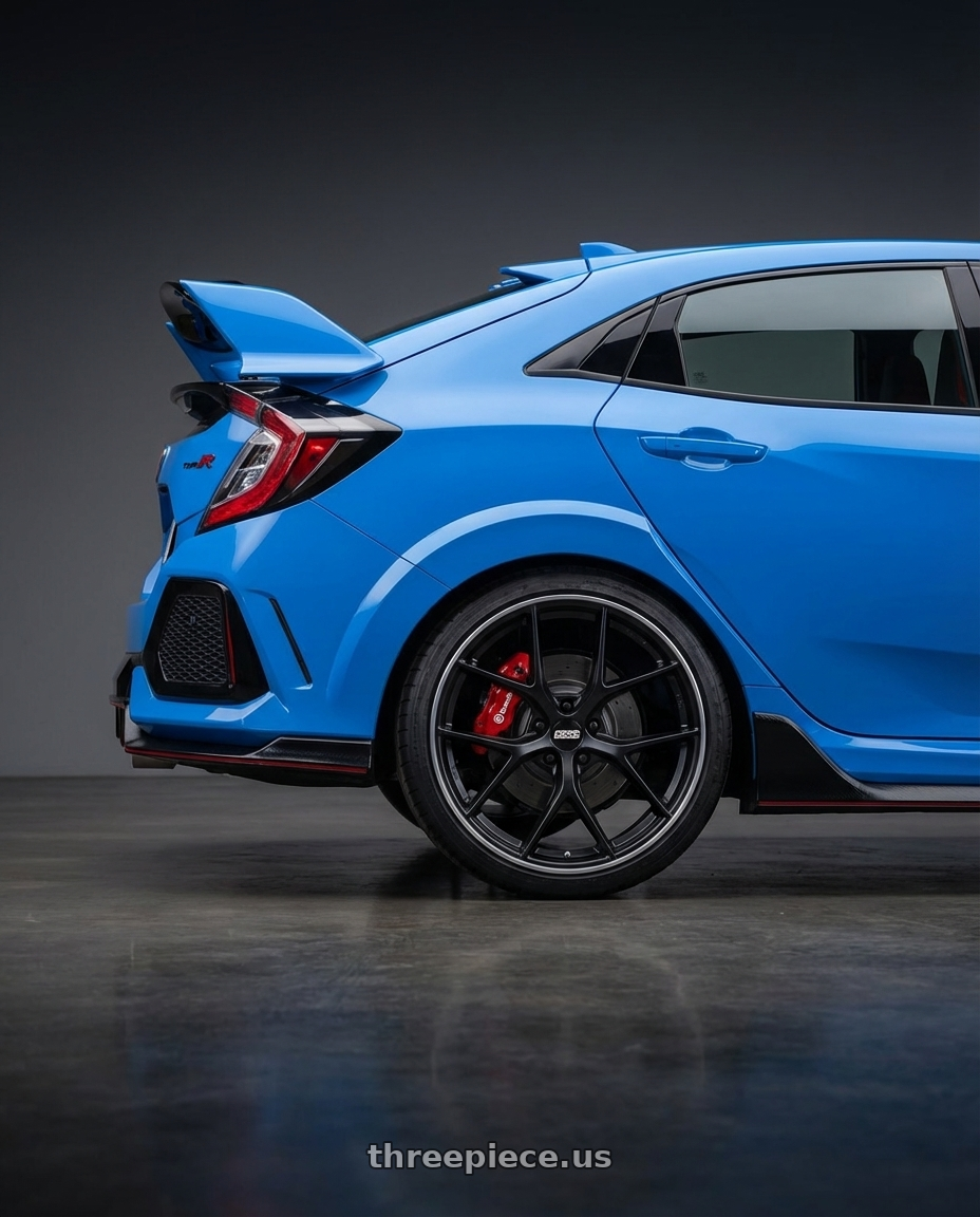 2020 Honda Civic Type R with BBS CC-R 5x120 19x9.0+26 Satin Black wheels rear three quarter view square tires