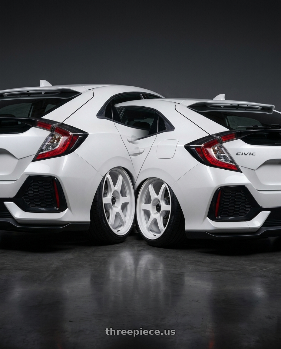 2019 Honda Civic with Konig Hexaform 5X114.3 18x9.5+25 Gloss White Flow Formed wheels rear three quarter view slight stretch tires
