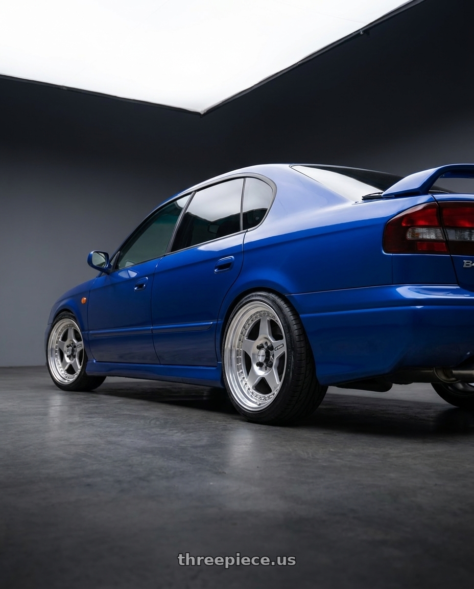 2000 Subaru legacy b4 RSK with Work Meister Cr01 5x100 16x7.5+51 O Disk Bright Buff Finish wheels rear three quarter view square tires