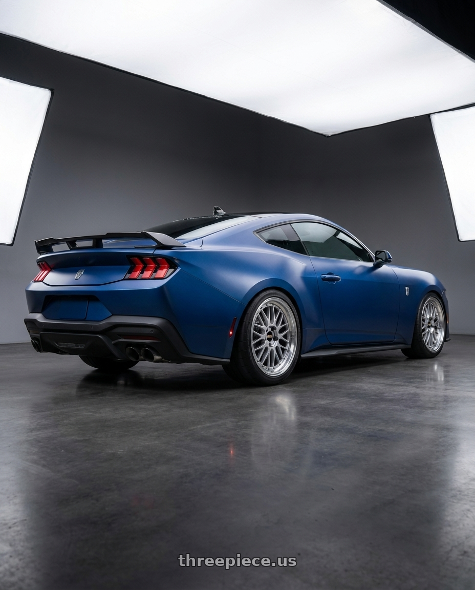 2025 Ford Mustang Dark Horse with BBS LM 5x114.3 19x9.0+38 Diamond Silver wheels rear three quarter view square tires