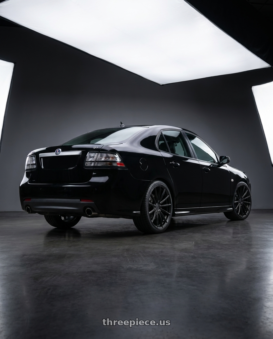 2010 Saab 93 with XO LONDON 5X120 19X10 +45 MATTE BLACK wheels rear three quarter view square tires