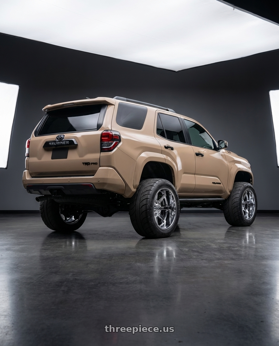 2025 toyota runner  with Cali Off-Road Busted 9100 8x170 20x12-44 Chrome wheels rear three quarter view excessive tires