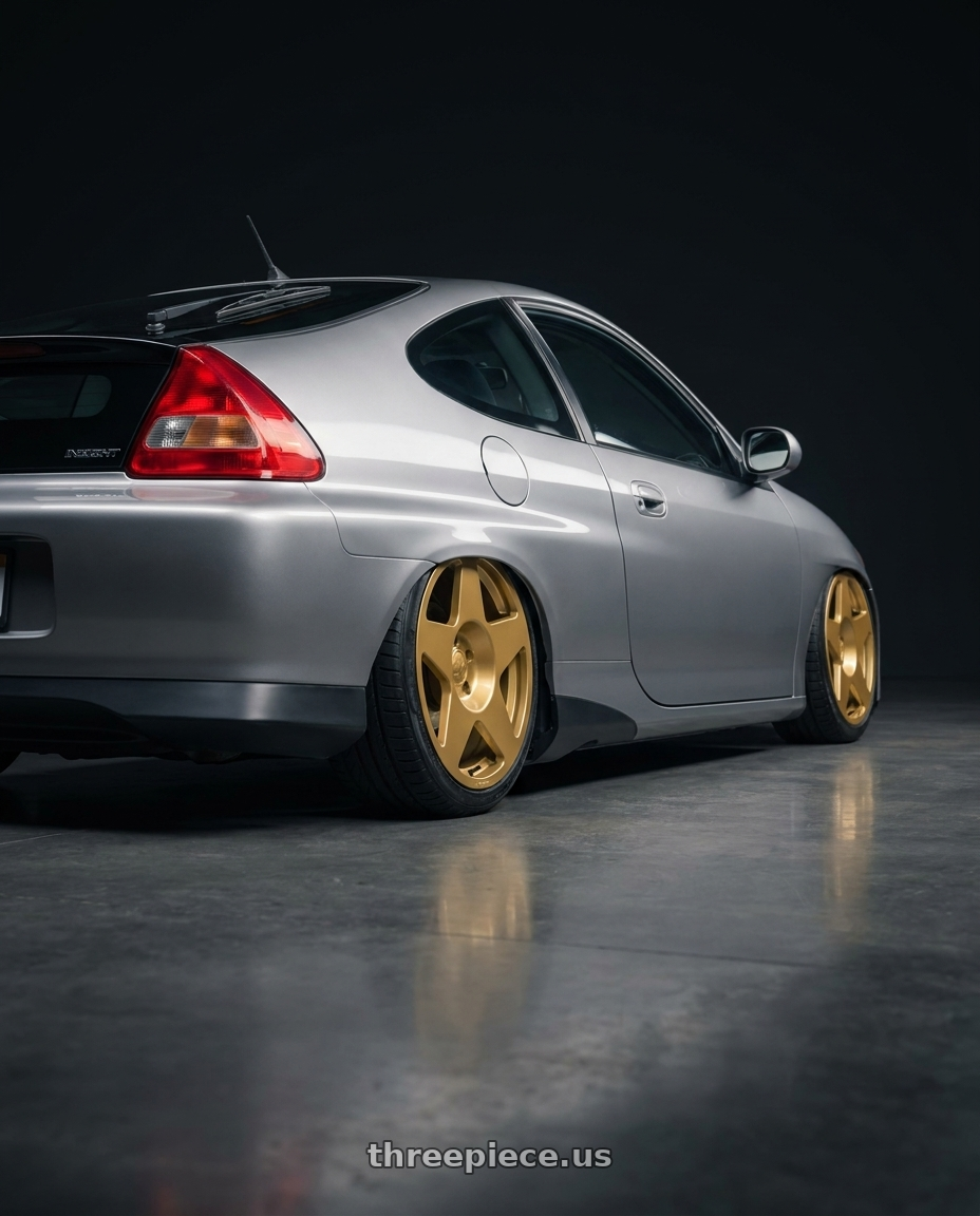 2001 Honda Insight with fifteen52 TARMAC 5x112 17x7.5 +40 GOLD (GLOSS GOLD) wheels rear three quarter view slight stretch tires