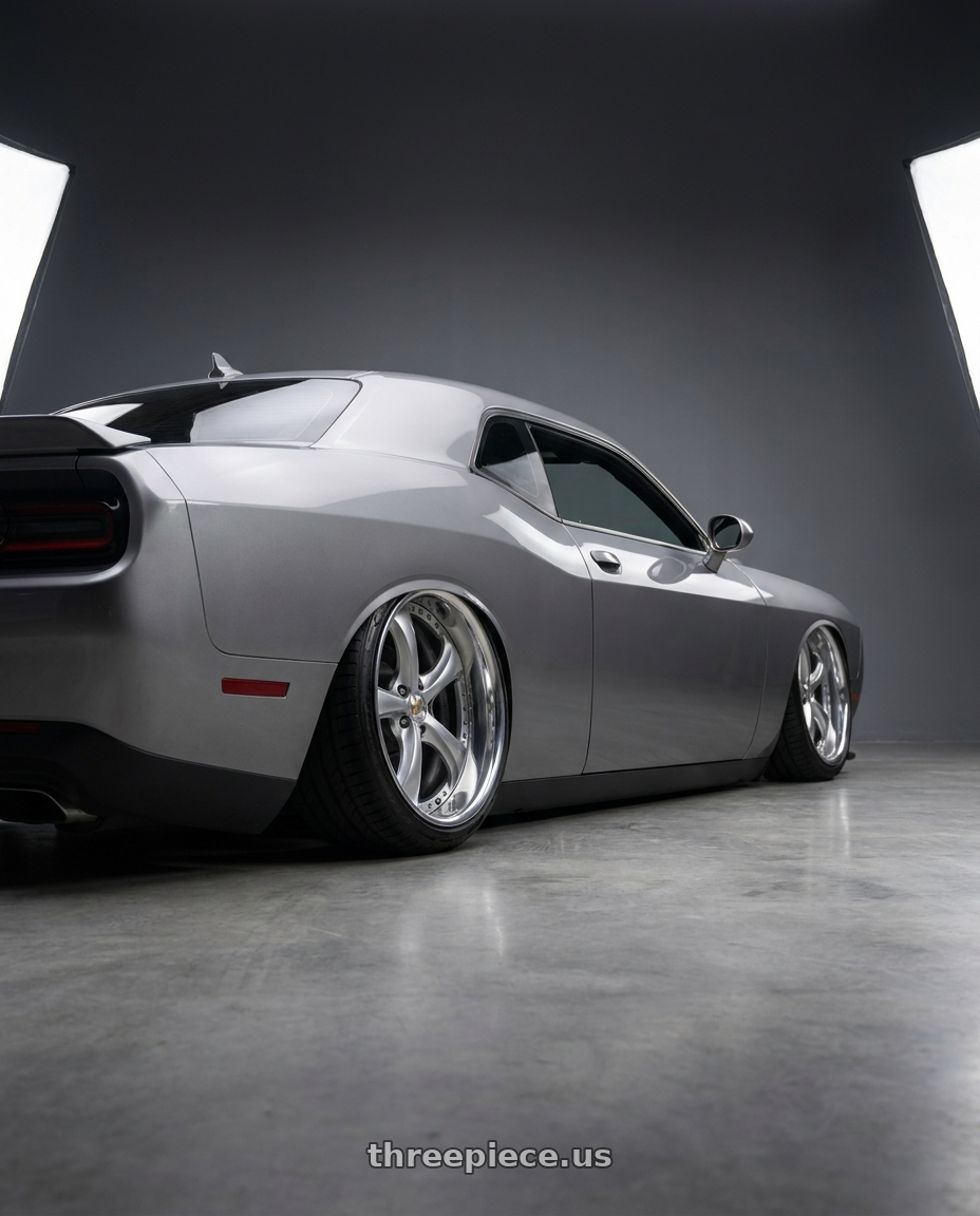 2017 Dodge Challenger Rt with Work Wheels VS-KF 5x115 21x10+20 Light Grey Silver R Disk FULL REVERSE wheels rear three quarter view slight stretch tires