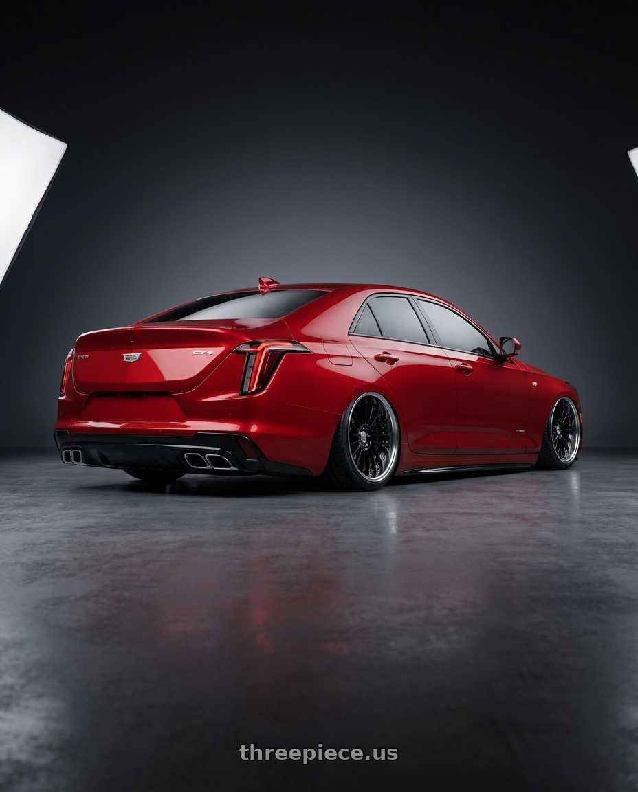 2021 CT4 SPORT with Work Lanvec Lf1 5x100 19x12+12 O Disk Black wheels rear three quarter view slight stretch tires