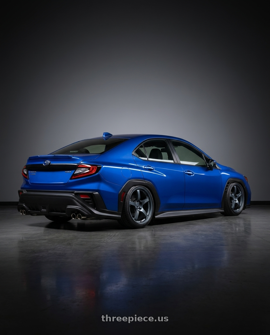 2024 Subaru WRX with Gram Lights 57CR 5x114.3 19x8.5+35 Gunblue II wheels rear three quarter view slight stretch tires