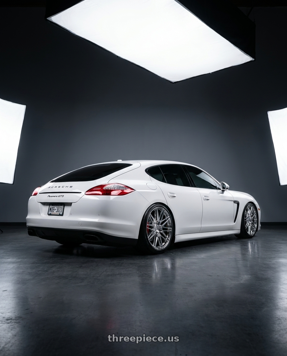 2014 porsche panamera gts with Axe CF1 5x130 20X9+45 CHROME wheels rear three quarter view slight stretch tires