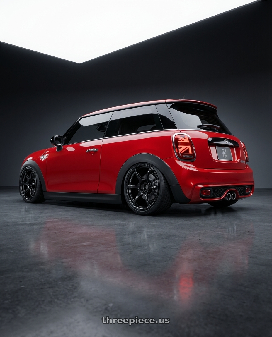 2019 Mini Cooper S F56 with Advan RGIII 4x100 18x7.0+42 Gloss Black wheels rear three quarter view slight stretch tires