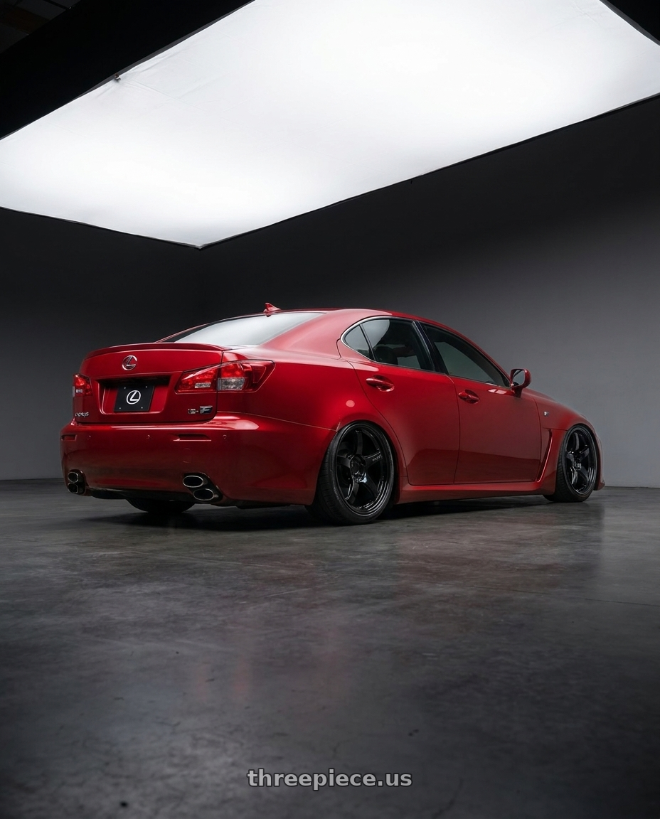2012 Lexus IS-F with Gram Lights 57CR 5x114.3 19x9.5+35 Glossy Black wheels rear three quarter view slight stretch tires