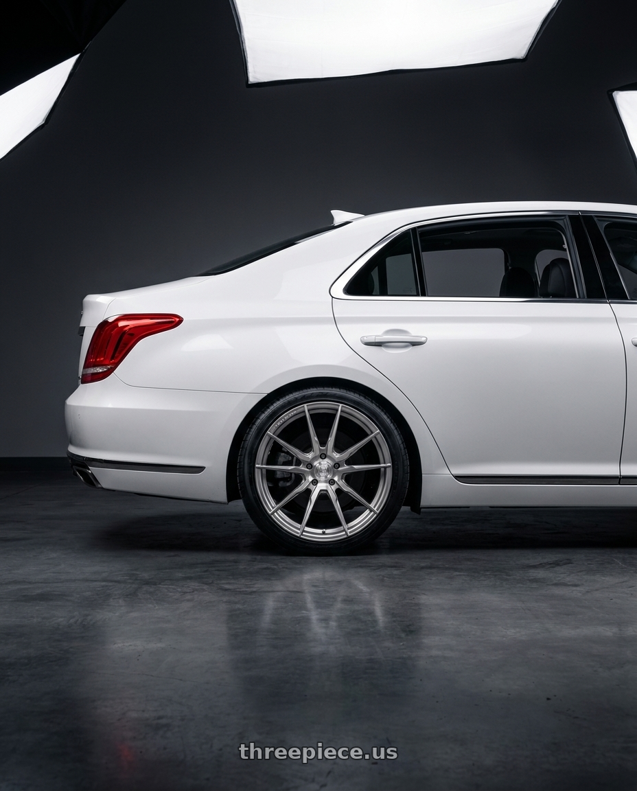 2018 genesis g90 ultimate with Rohana RFX2 5x114.3 20x10+40 Brushed Titanium wheels rear three quarter view square tires